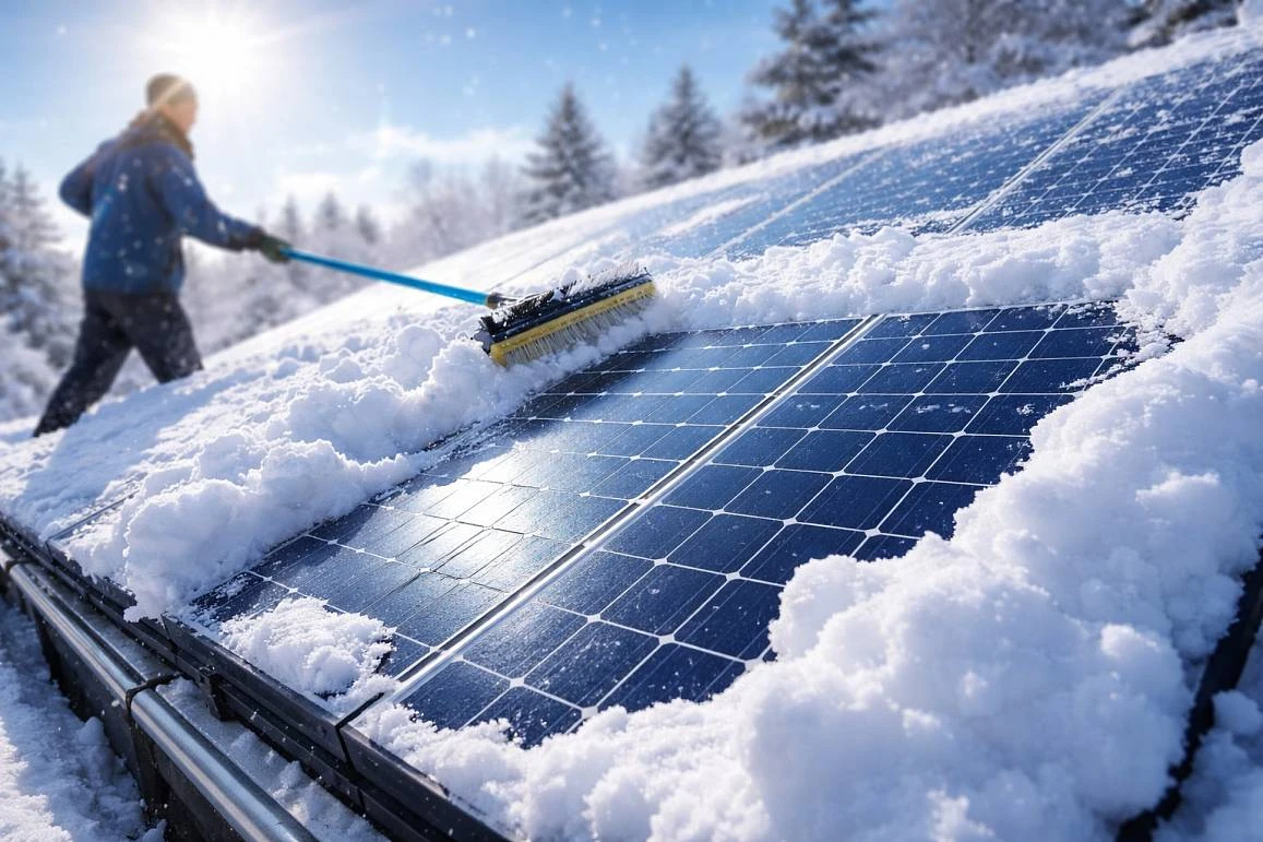 Čištění solárních panelů od sněhu v zimě